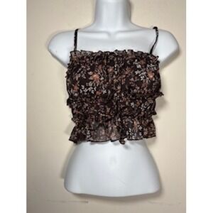 THIRTY/THIRTY Floral Smocked Crop Top XS Brown Boho Cottagecore Cami 8CSXU434